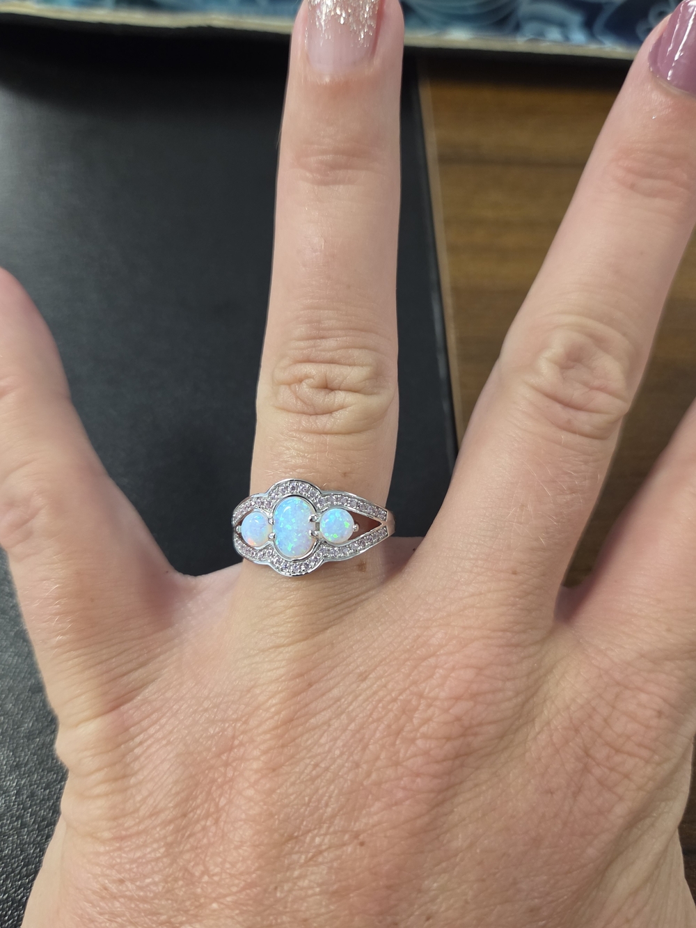 925 Sterling Silver Trio Halo Ring in Fire White Opal Size 7